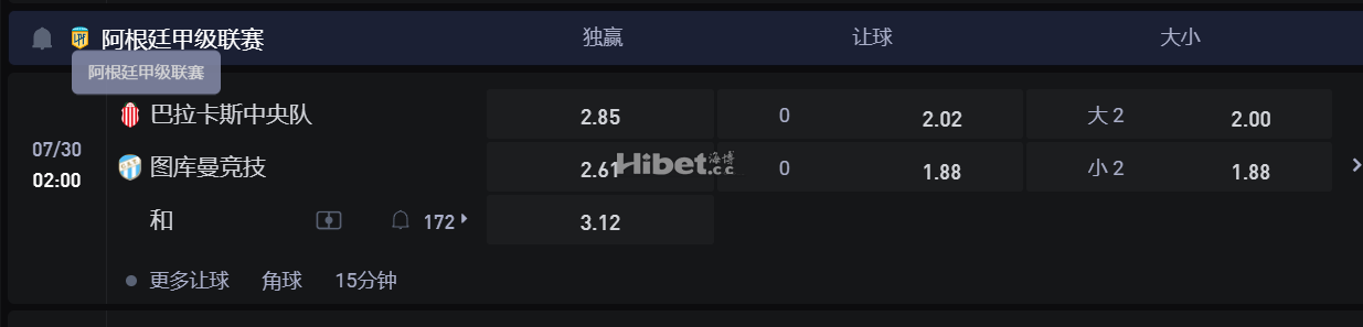 阿根廷甲级联赛  07/30 02:00 巴拉卡斯中央队VS 图库曼竞技